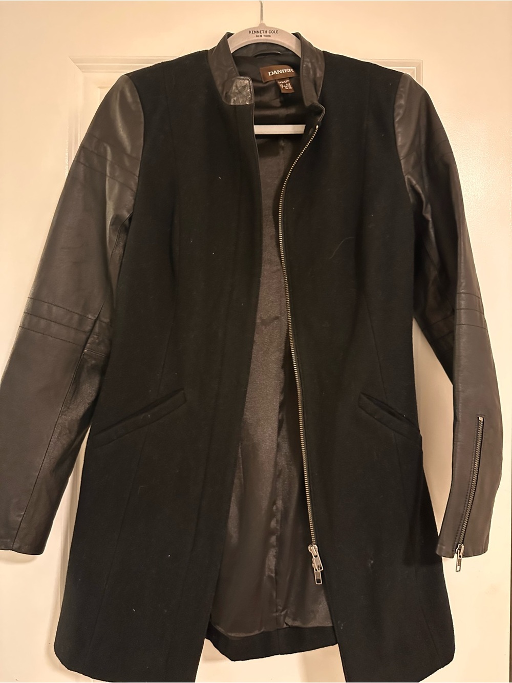 Danier Black Wool-Blend Coat with Leather Sleeves